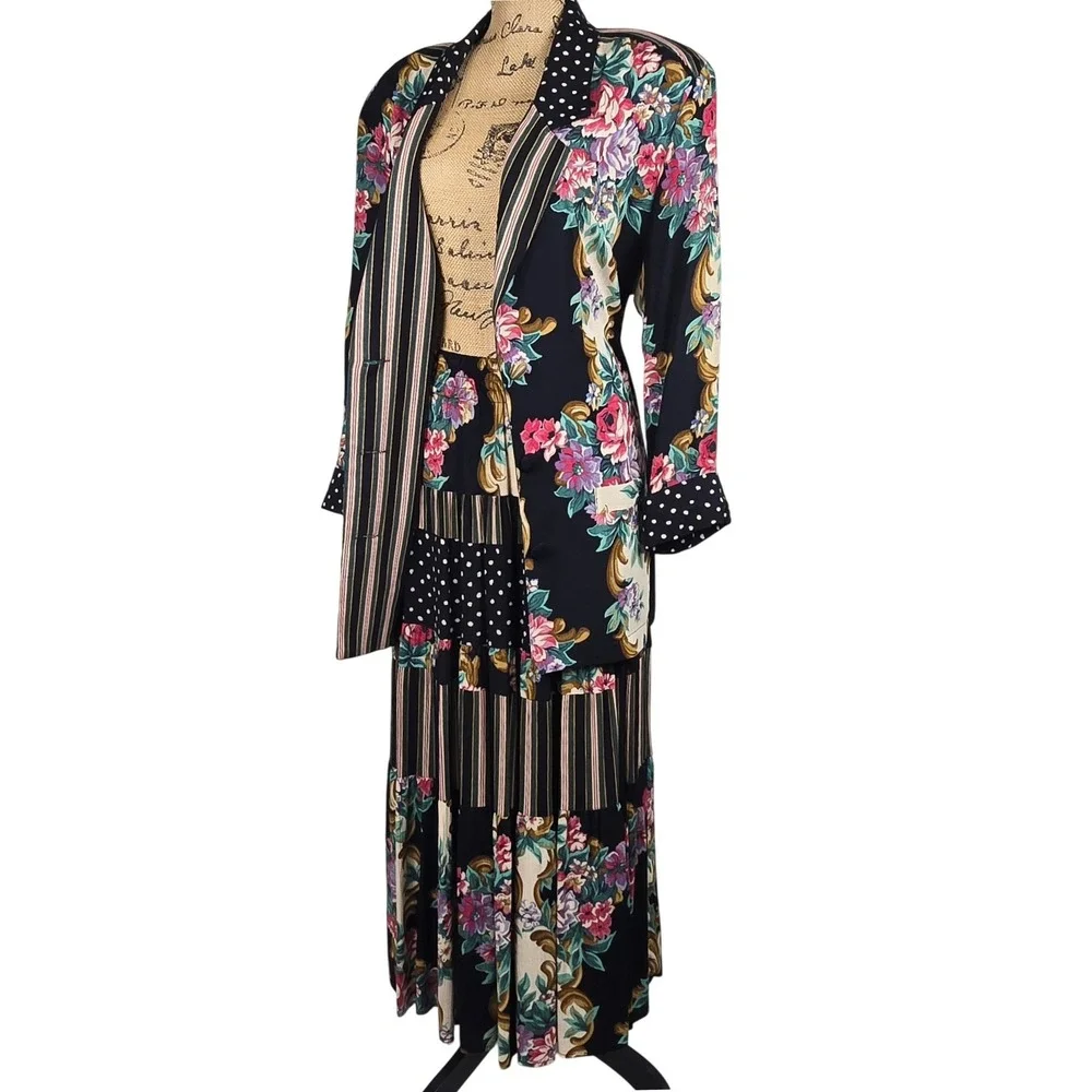 Gorgeous Vintage Carole Little Floral Mixed Print Set Blazer 10 Maxi Skirt 8 - Picture 3 of 16